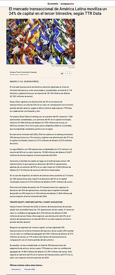El mercado transaccional de Amrica Latina moviliza un 24% de capital en el tercer trimestre, segn TTR Data